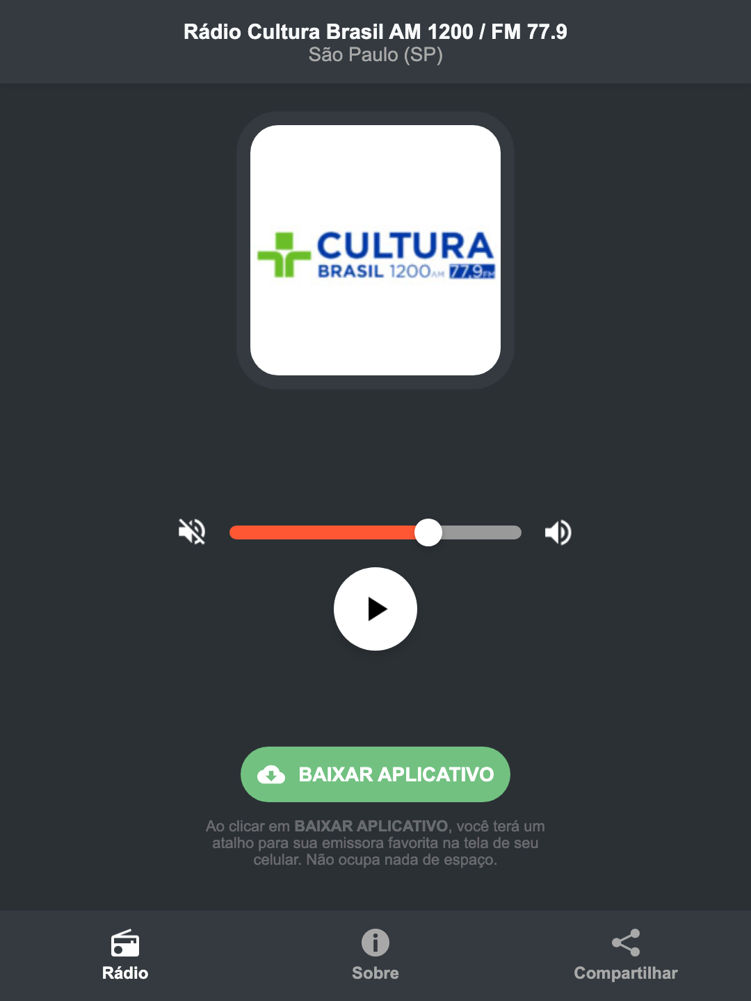 Screenshot do aplicativo da Rádio Cultura Brasil AM 1200 / FM 77.9