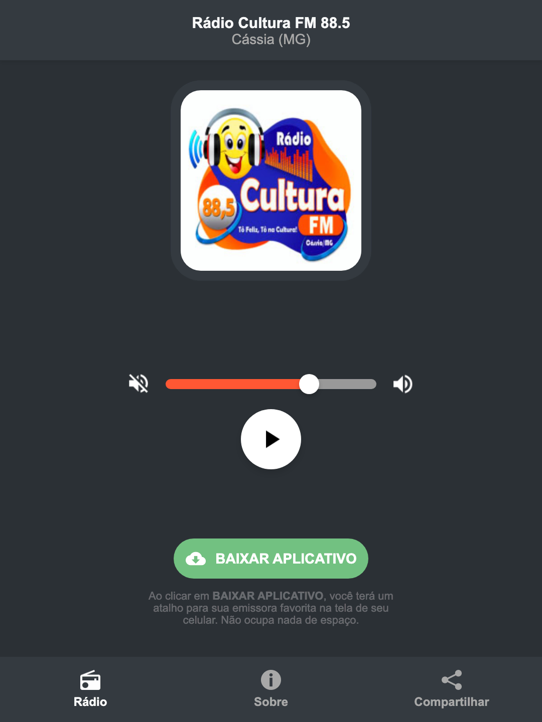 Screenshot do aplicativo da Rádio Cultura FM 88.5