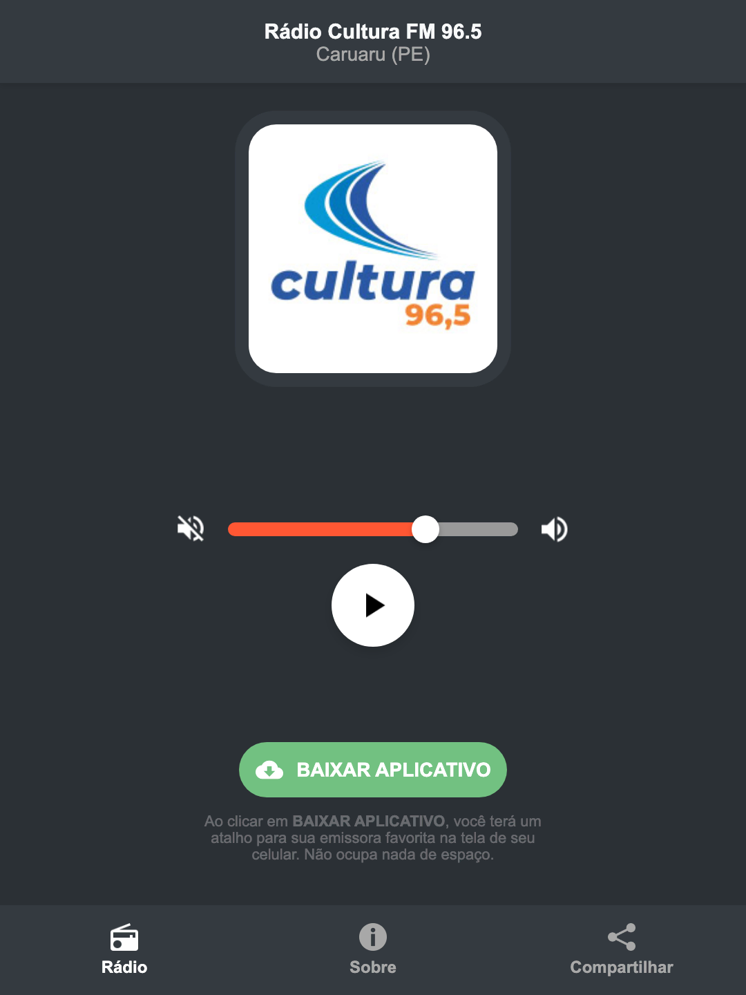 Screenshot do aplicativo da Rádio Cultura FM 96.5