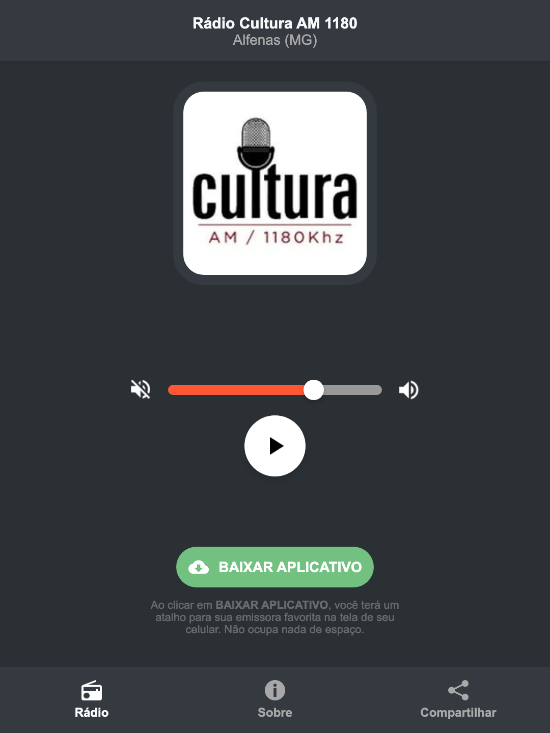 Screenshot do aplicativo da Rádio Cultura AM 1180