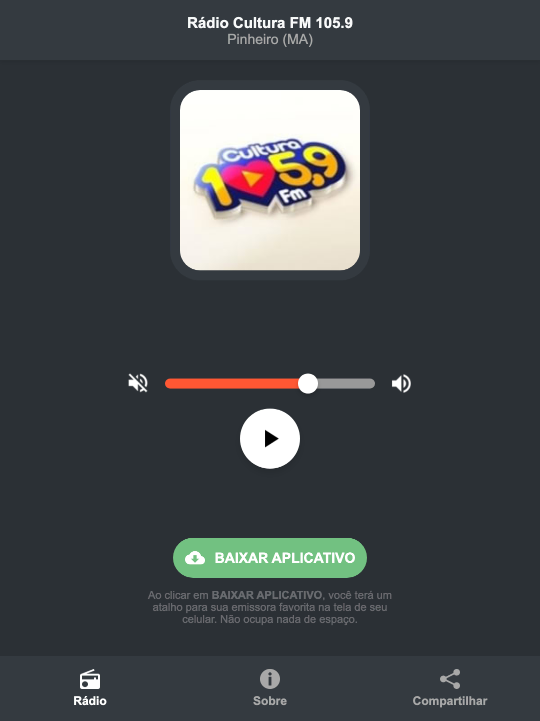 Screenshot do aplicativo da Rádio Cultura FM 105.9