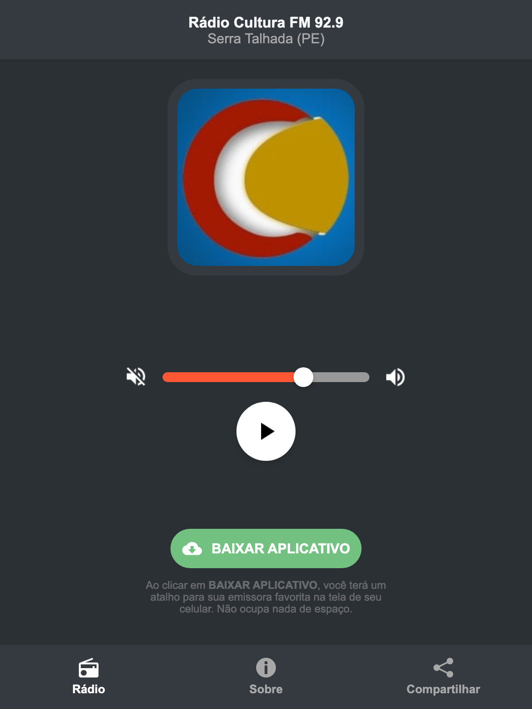 Screenshot do aplicativo da Rádio Cultura FM 92.9