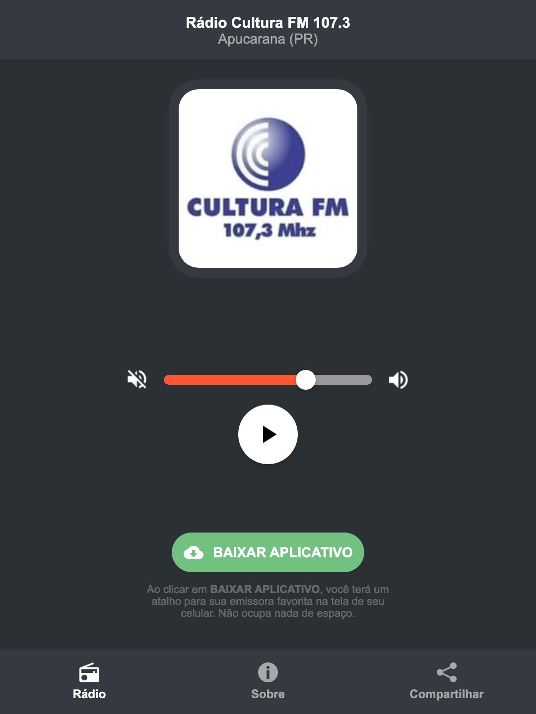 Screenshot do aplicativo da Rádio Cultura FM 107.3