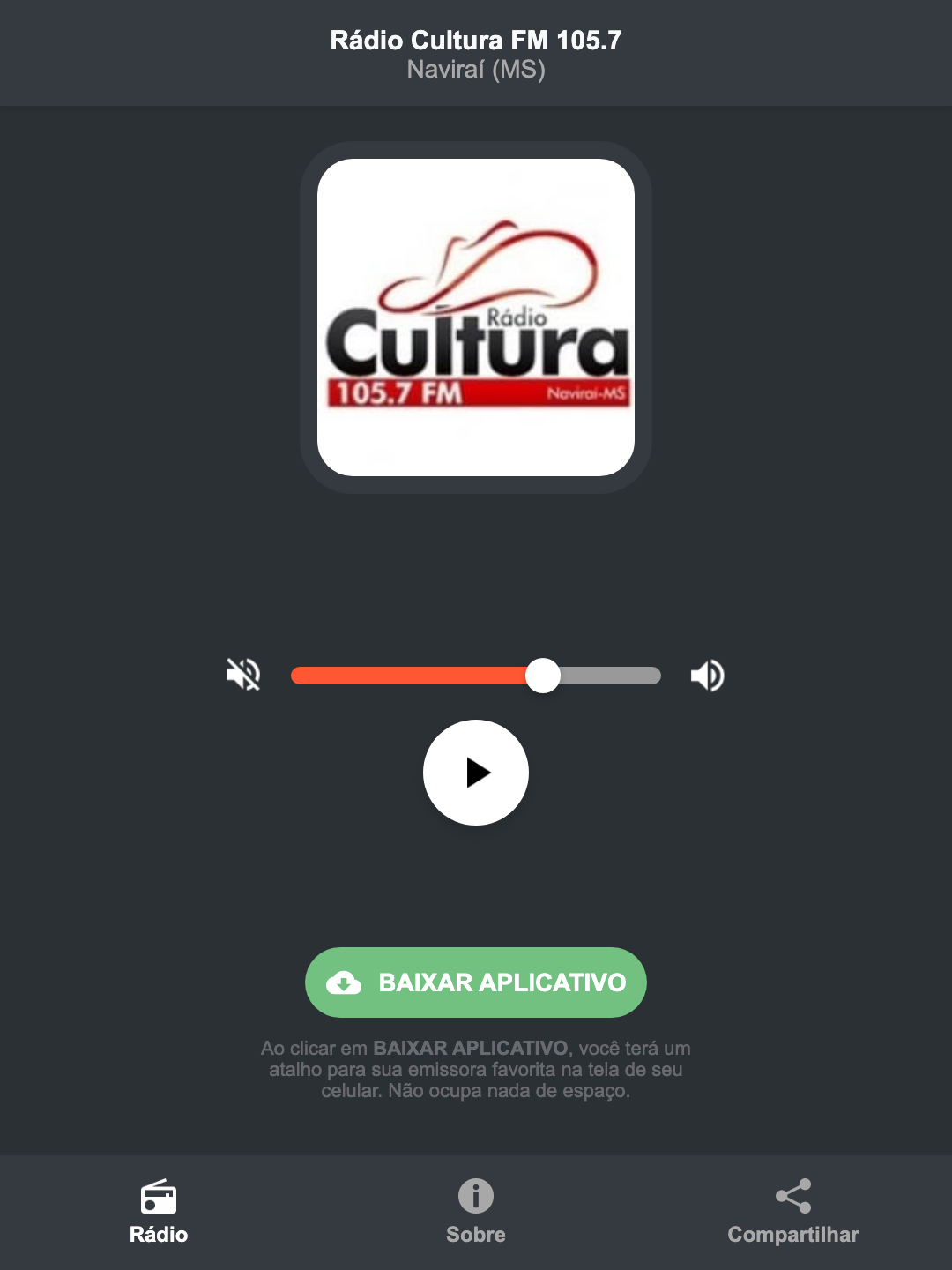 Screenshot do aplicativo da Rádio Cultura FM 105.7