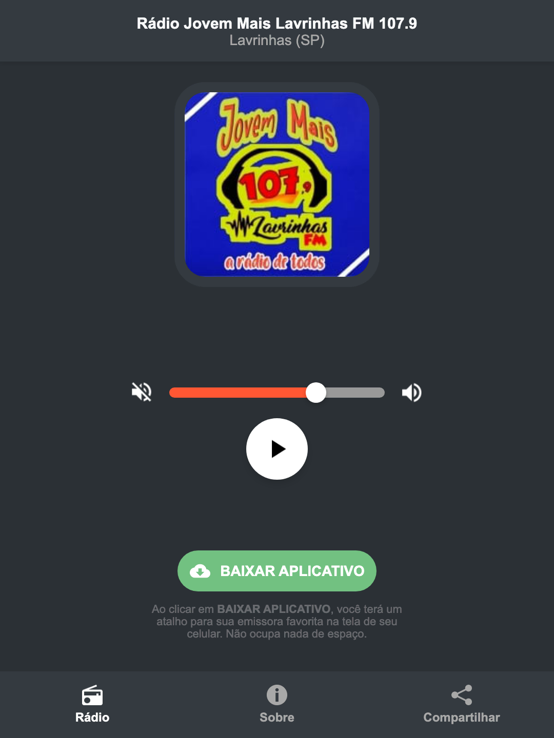 Screenshot do aplicativo da Rádio Jovem Mais Lavrinhas FM 107.9