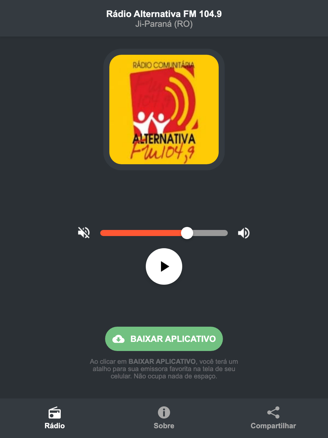 Screenshot do aplicativo da Rádio Alternativa FM 104.9