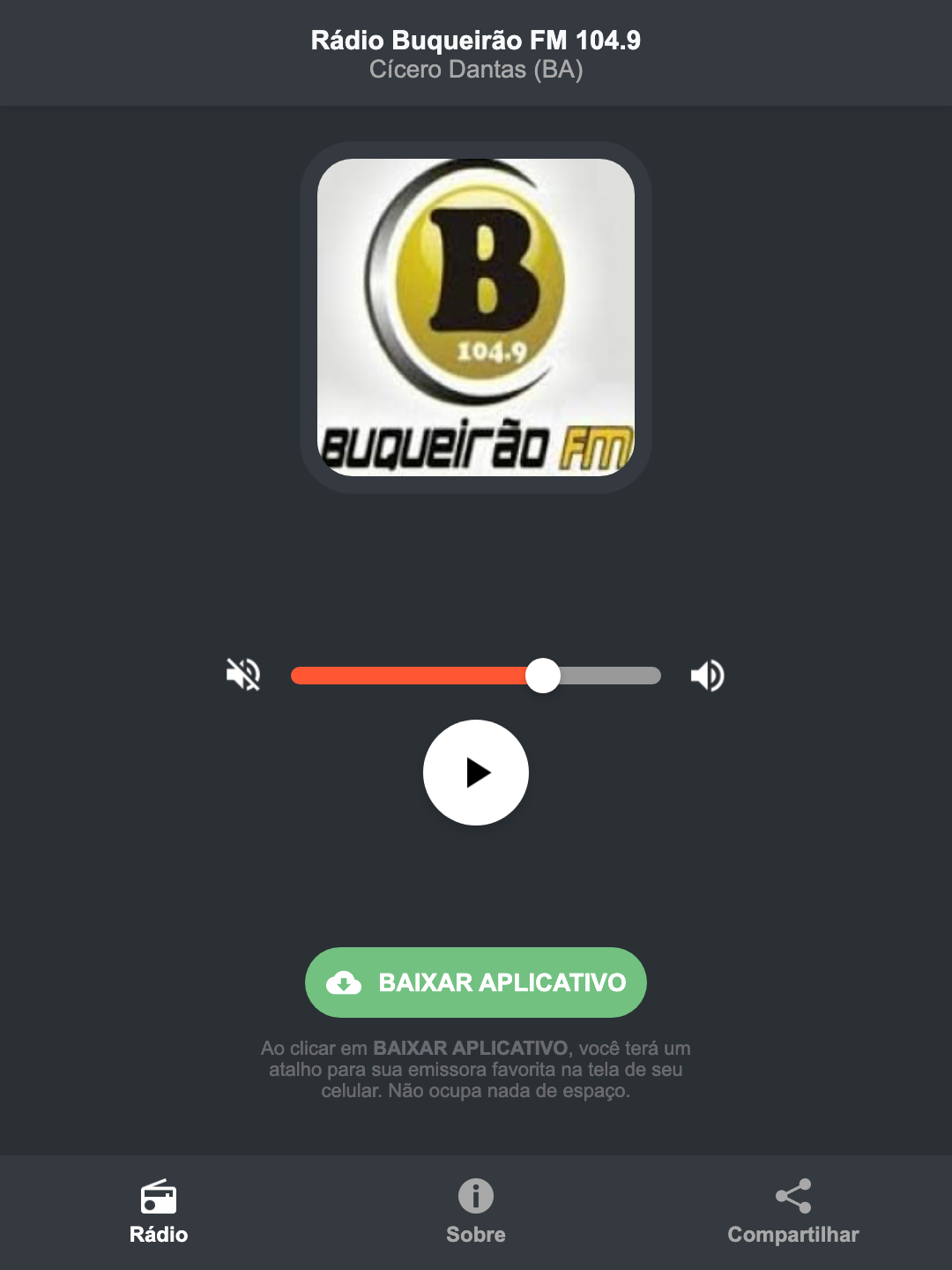 Screenshot do aplicativo da Rádio Buqueirão FM 104.9