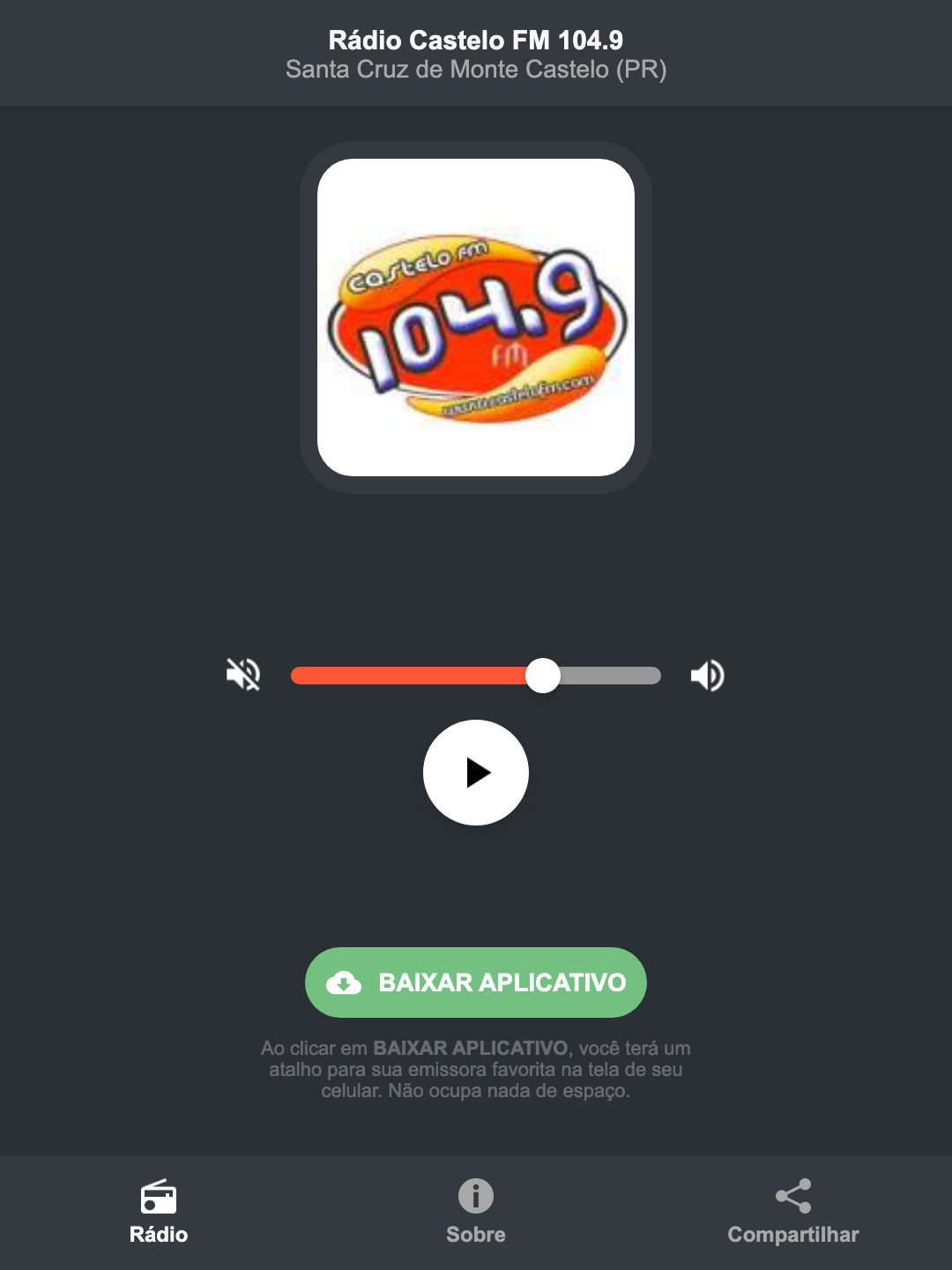 Screenshot do aplicativo da Rádio Castelo FM 104.9