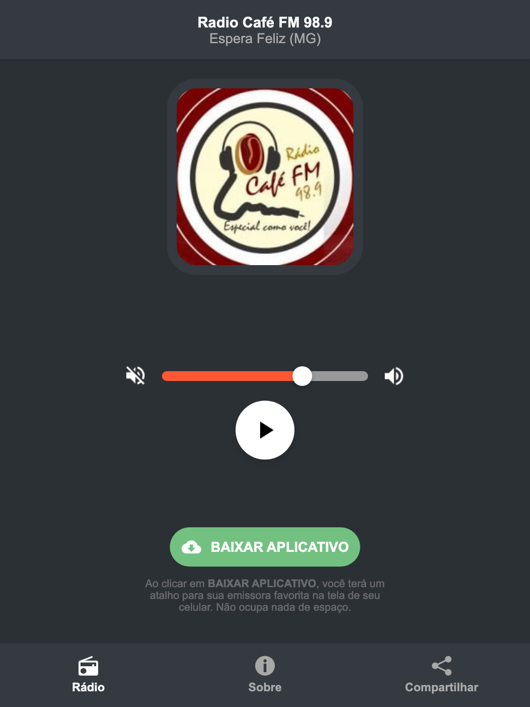 Screenshot do aplicativo da Radio Café FM 98.9