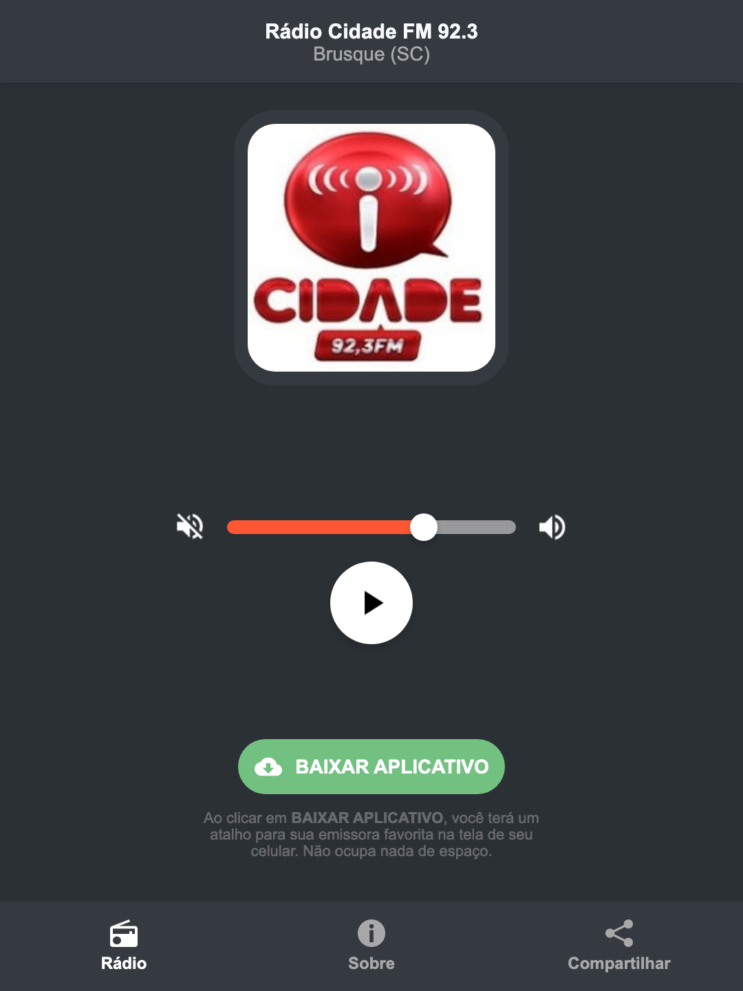 Screenshot do aplicativo da Rádio Cidade FM 92.3