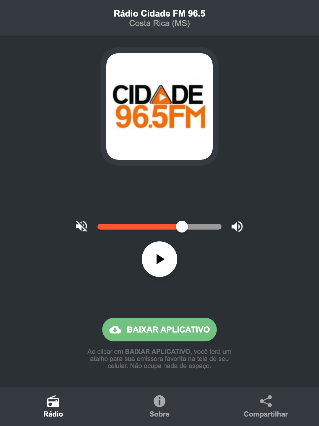 Screenshot do aplicativo da Rádio Cidade FM 96.5