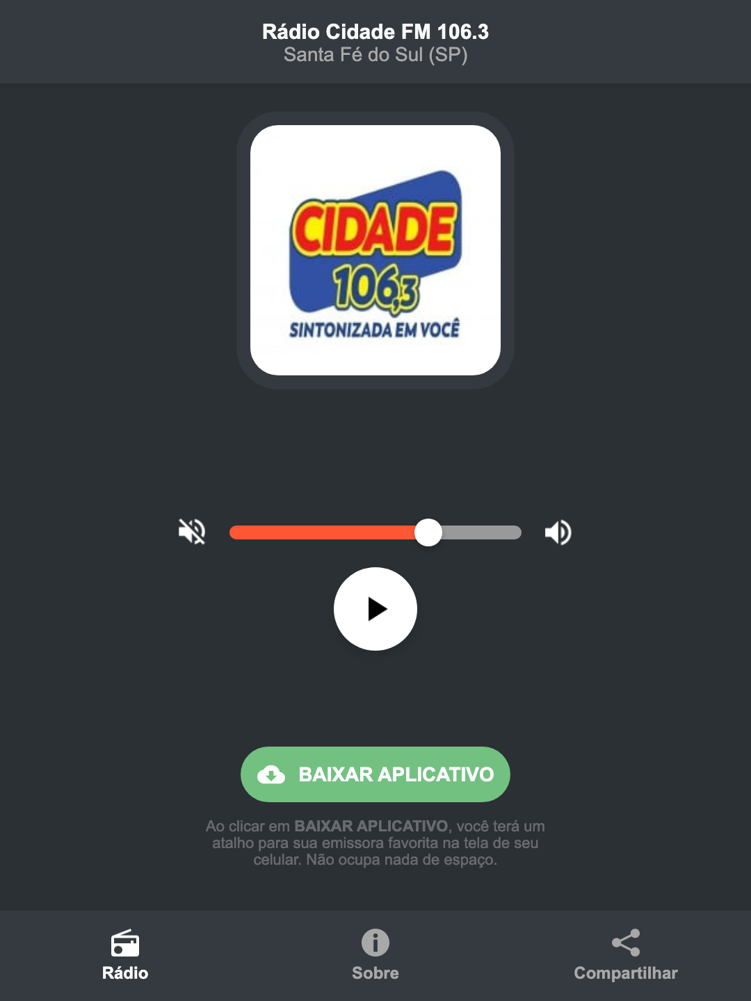 Screenshot do aplicativo da Rádio Cidade FM 106.3