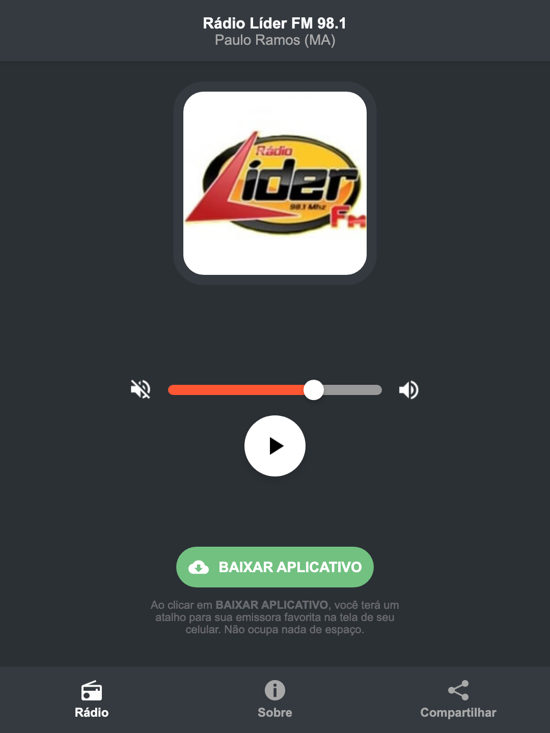 Screenshot do aplicativo da Rádio Líder FM 98.1
