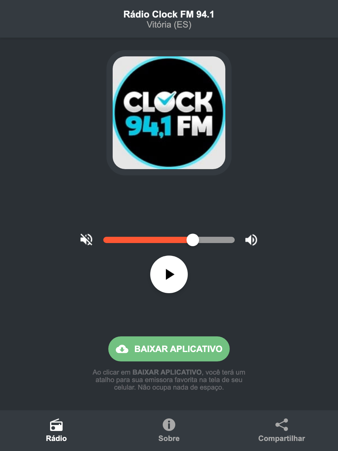 Screenshot do aplicativo da Rádio Clock FM 94.1