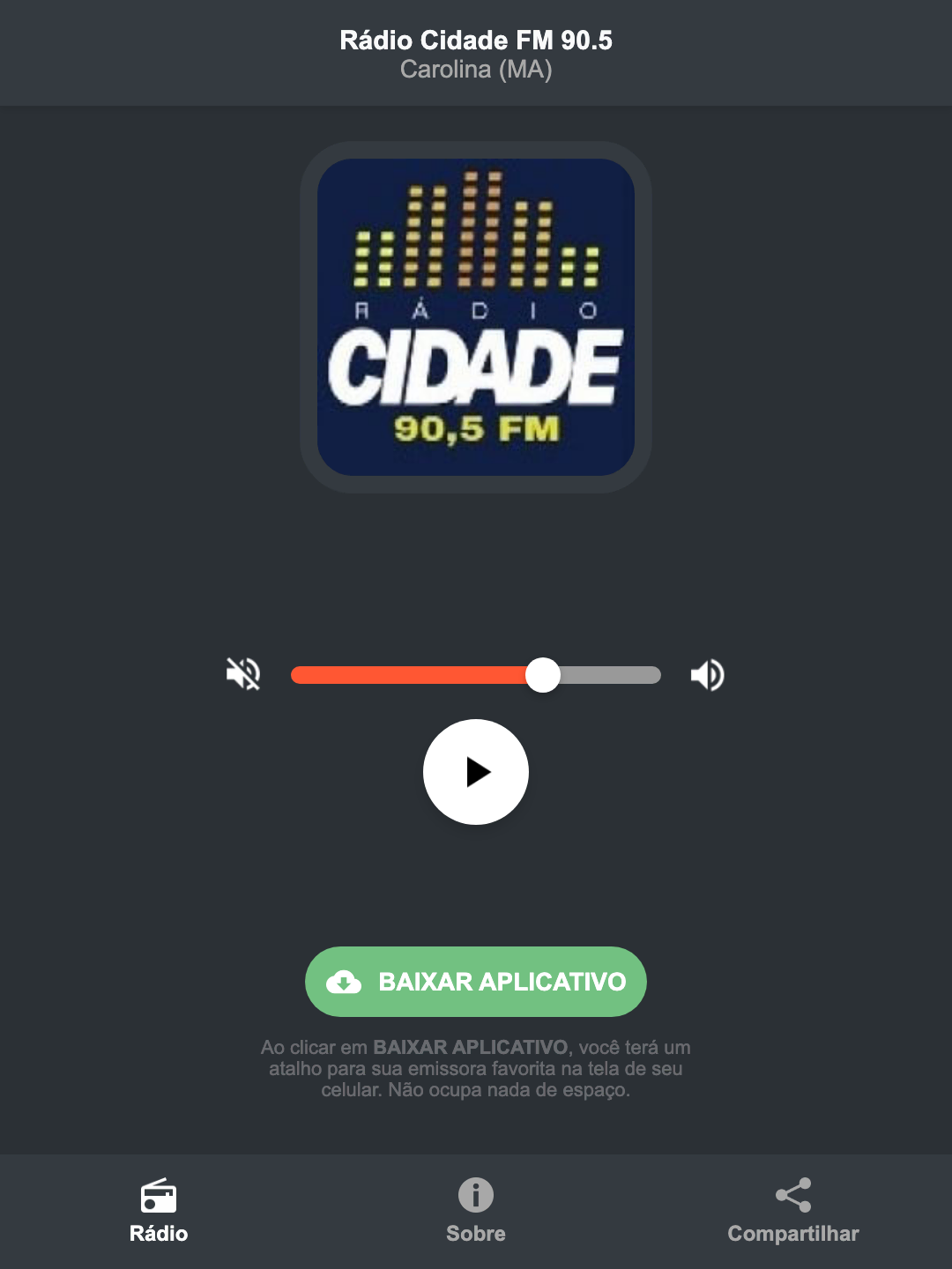 Screenshot do aplicativo da Rádio Cidade FM 90.5