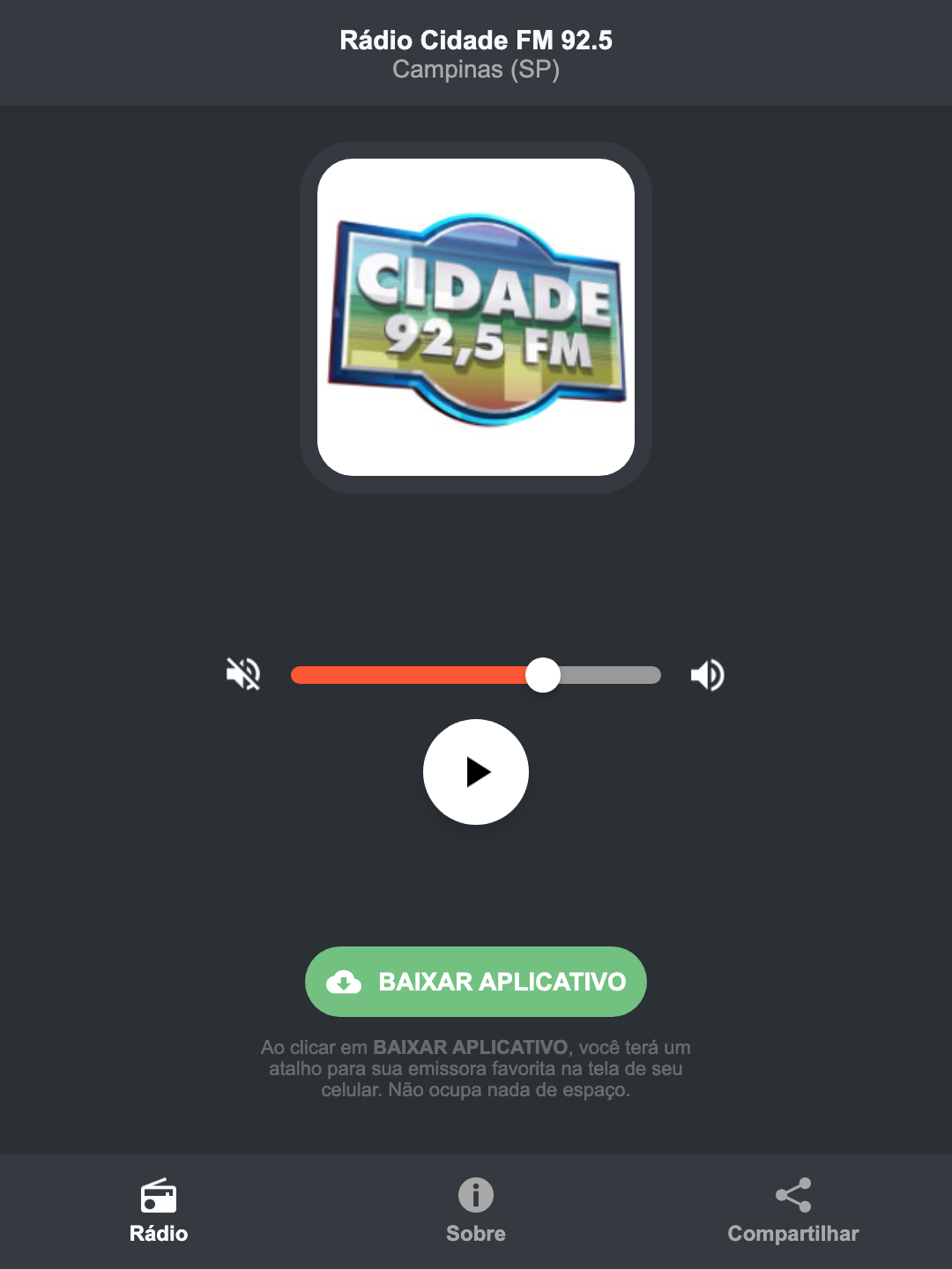 Screenshot do aplicativo da Rádio Cidade FM 92.5