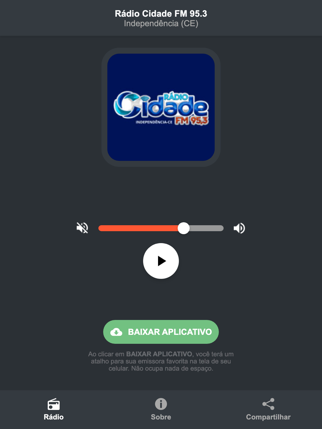 Screenshot do aplicativo da Rádio Cidade FM 95.3