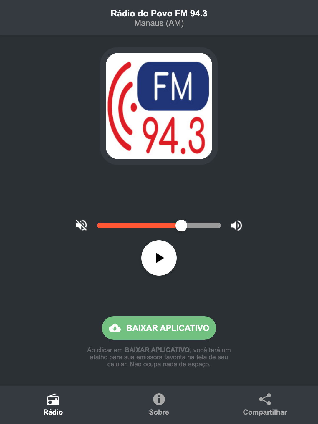 Screenshot do aplicativo da Rádio do Povo FM 94.3