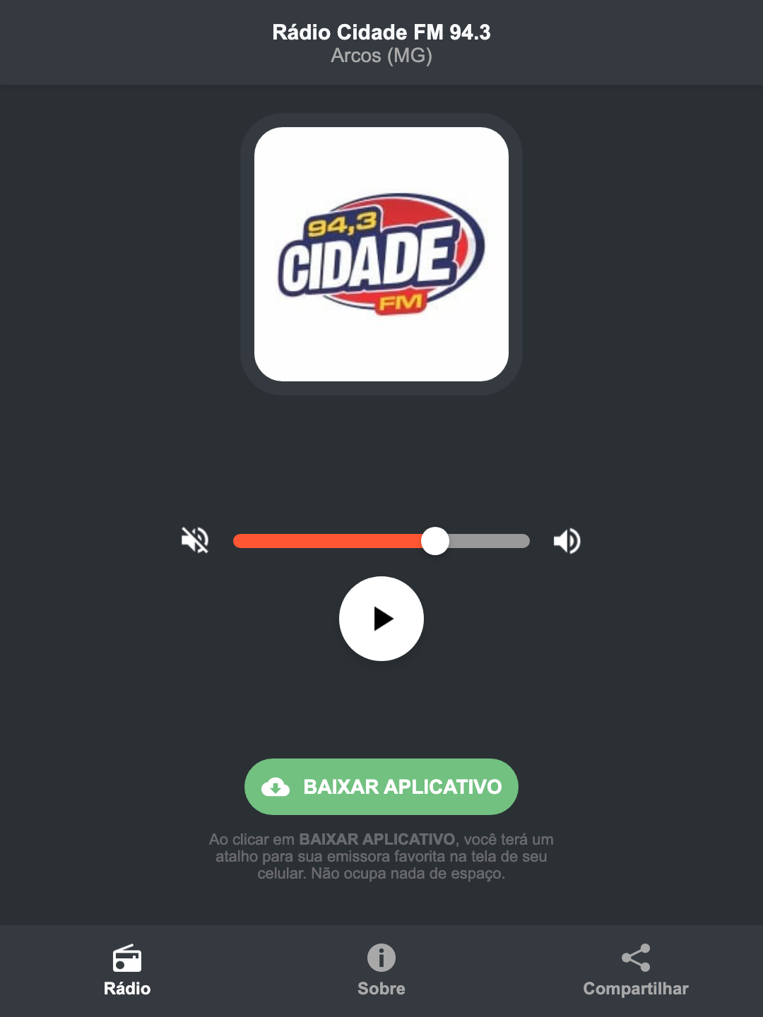 Screenshot do aplicativo da Rádio Cidade FM 94.3