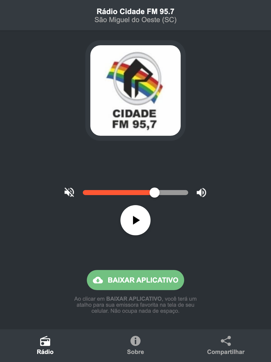 Screenshot do aplicativo da Rádio Cidade FM 95.7