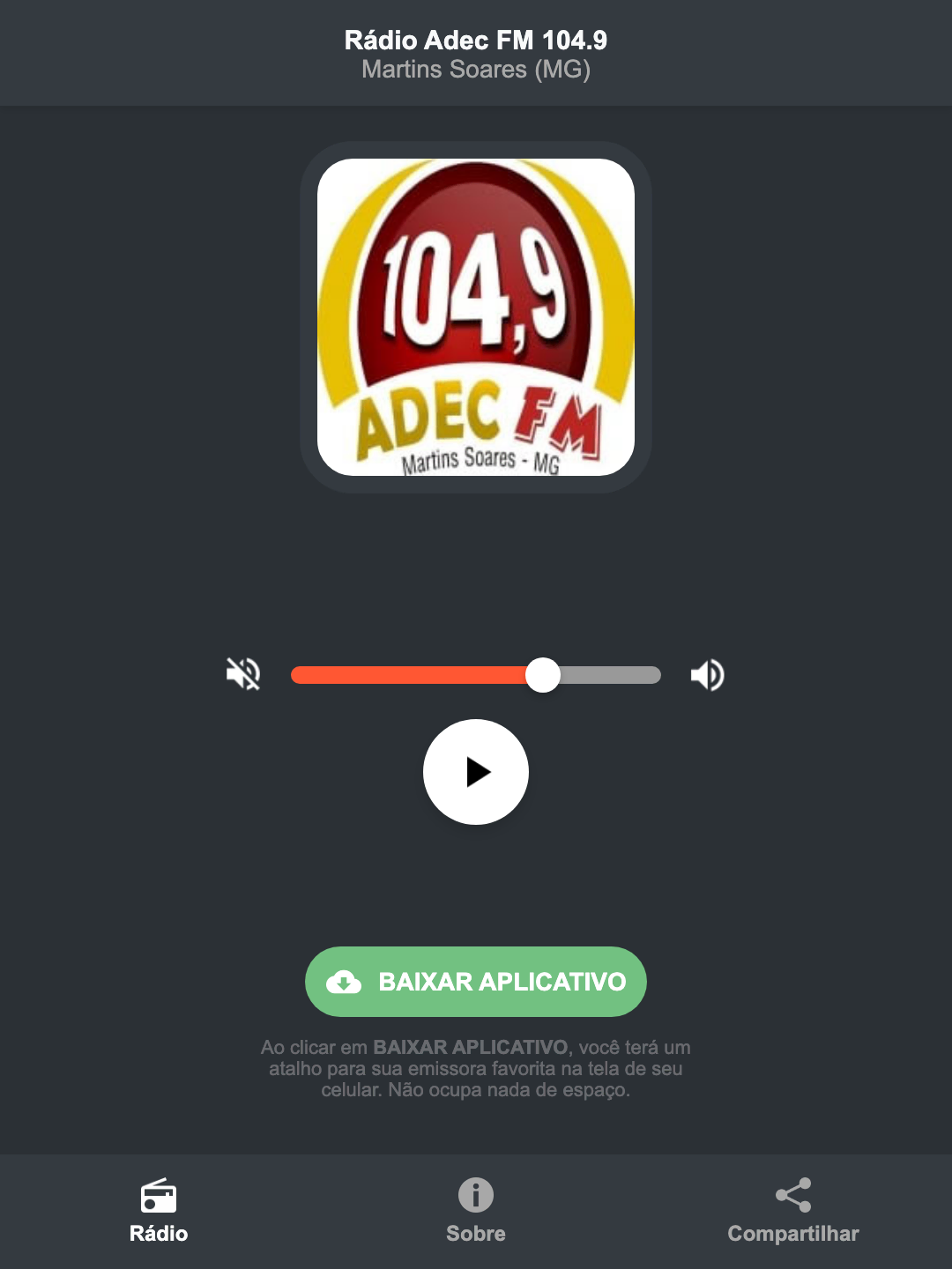 Screenshot do aplicativo da Rádio Adec FM 104.9