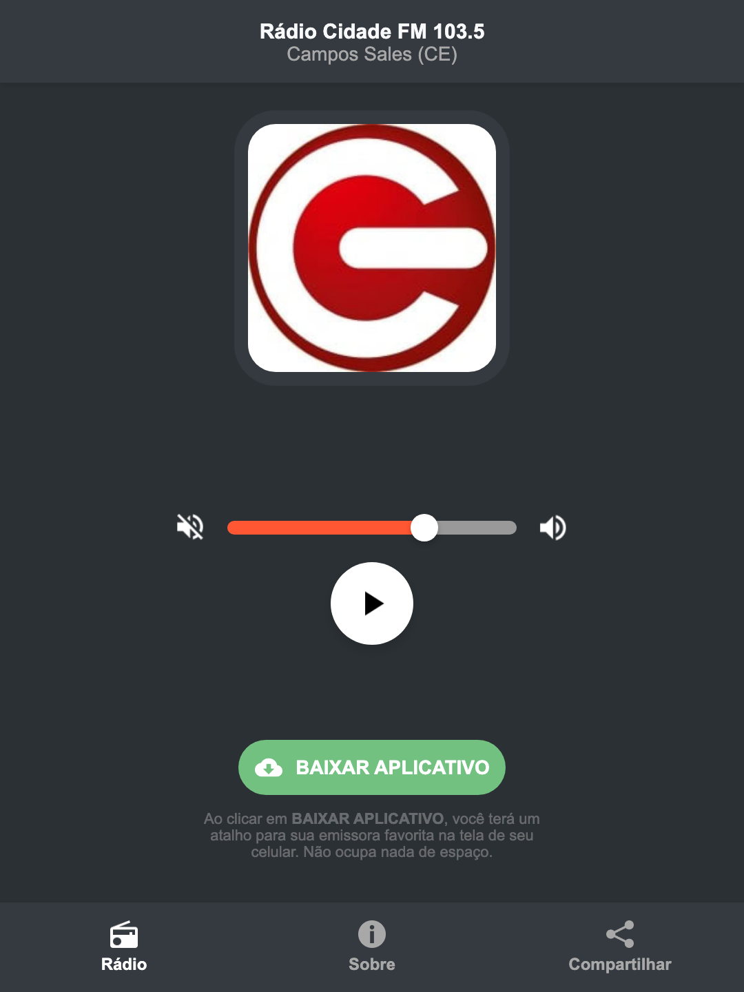 Screenshot do aplicativo da Rádio Cidade FM 103.5