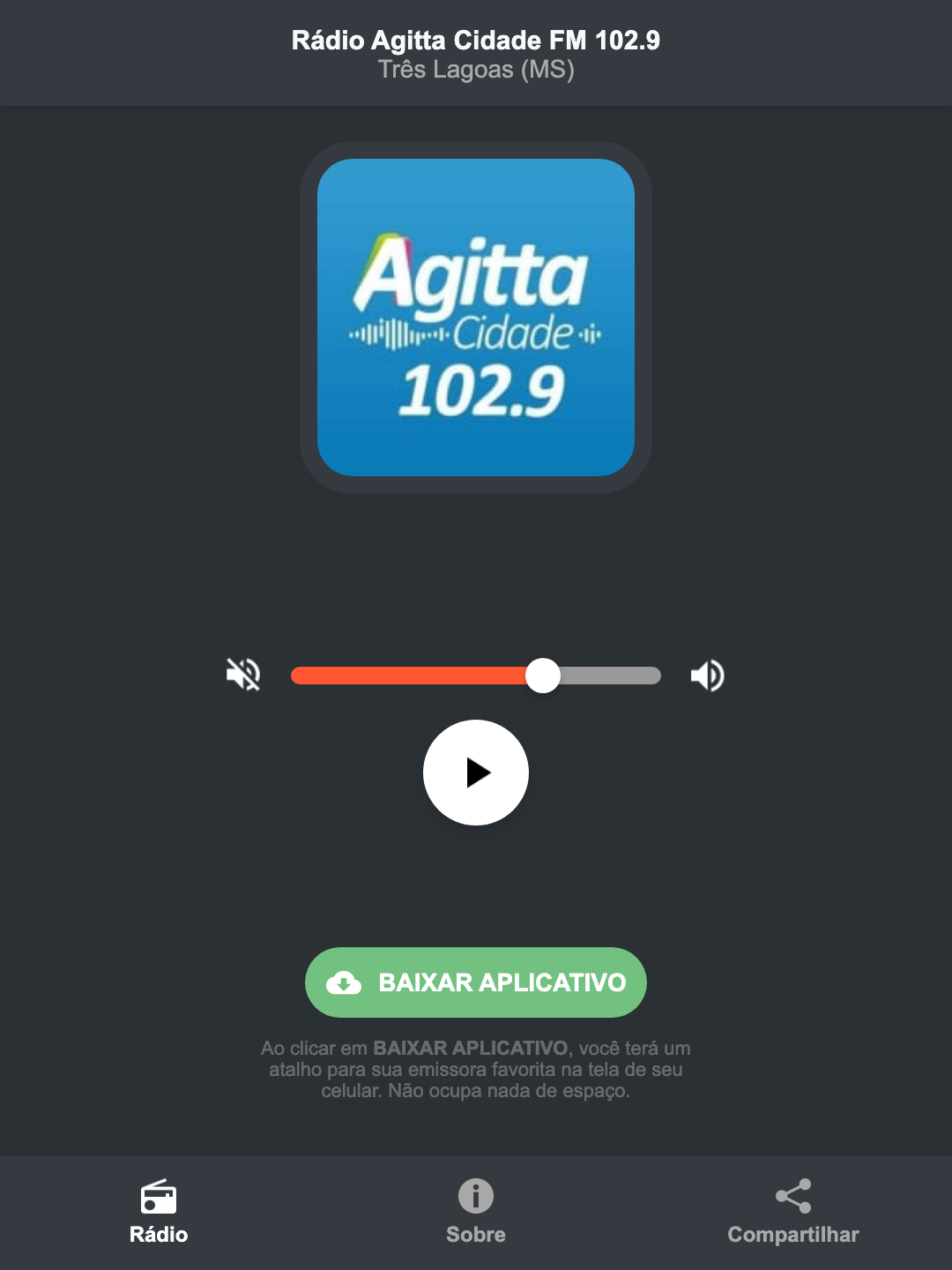 Screenshot do aplicativo da Rádio Agitta Cidade FM 102.9