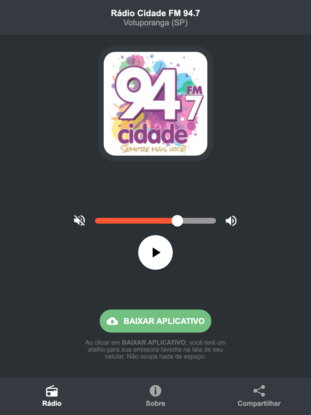 Screenshot do aplicativo da Rádio Cidade FM 94.7