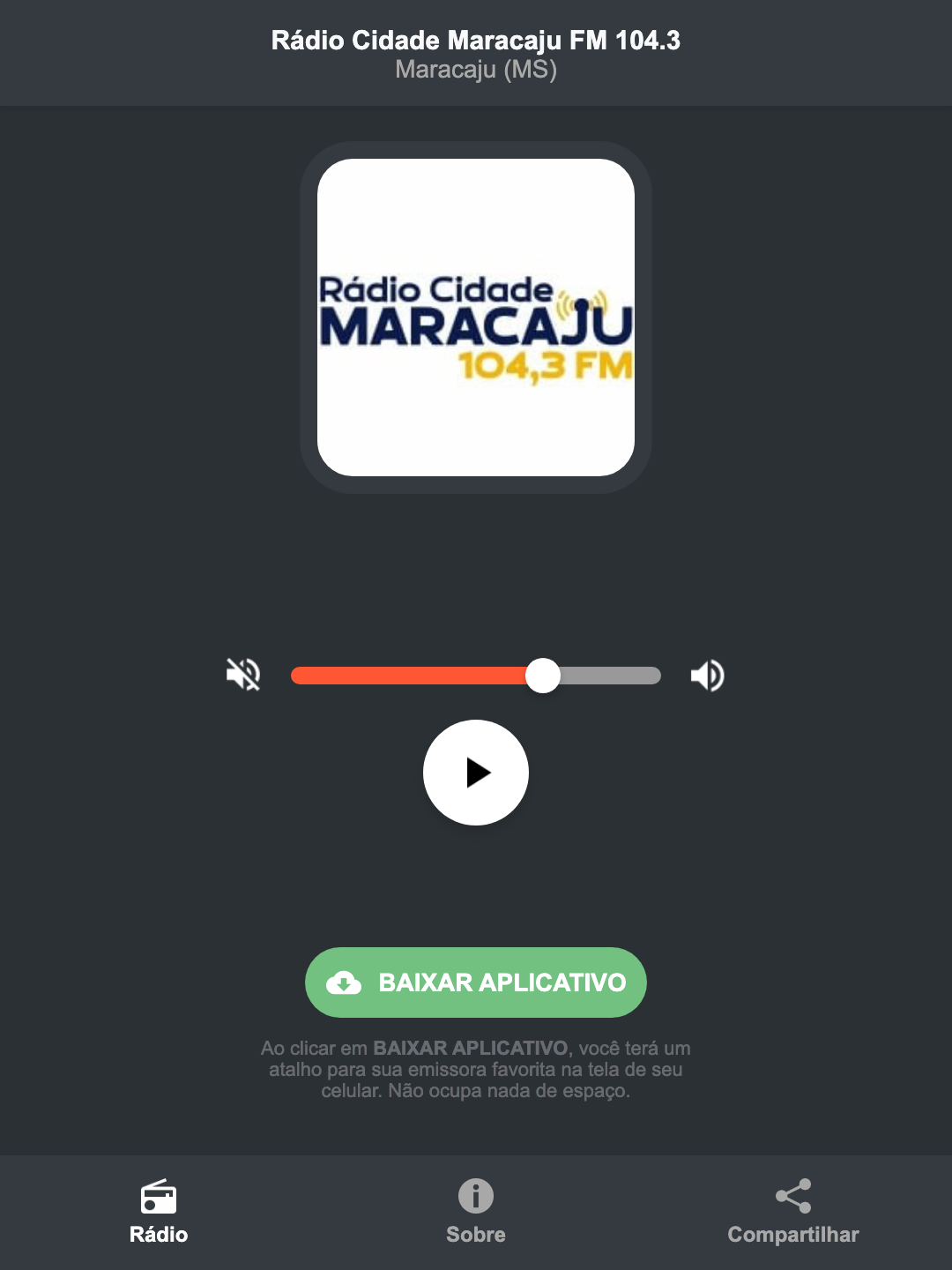 Screenshot do aplicativo da Rádio Cidade Maracaju FM 104.3