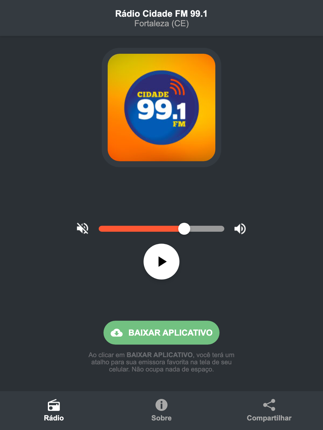 Screenshot do aplicativo da Rádio Cidade FM 99.1