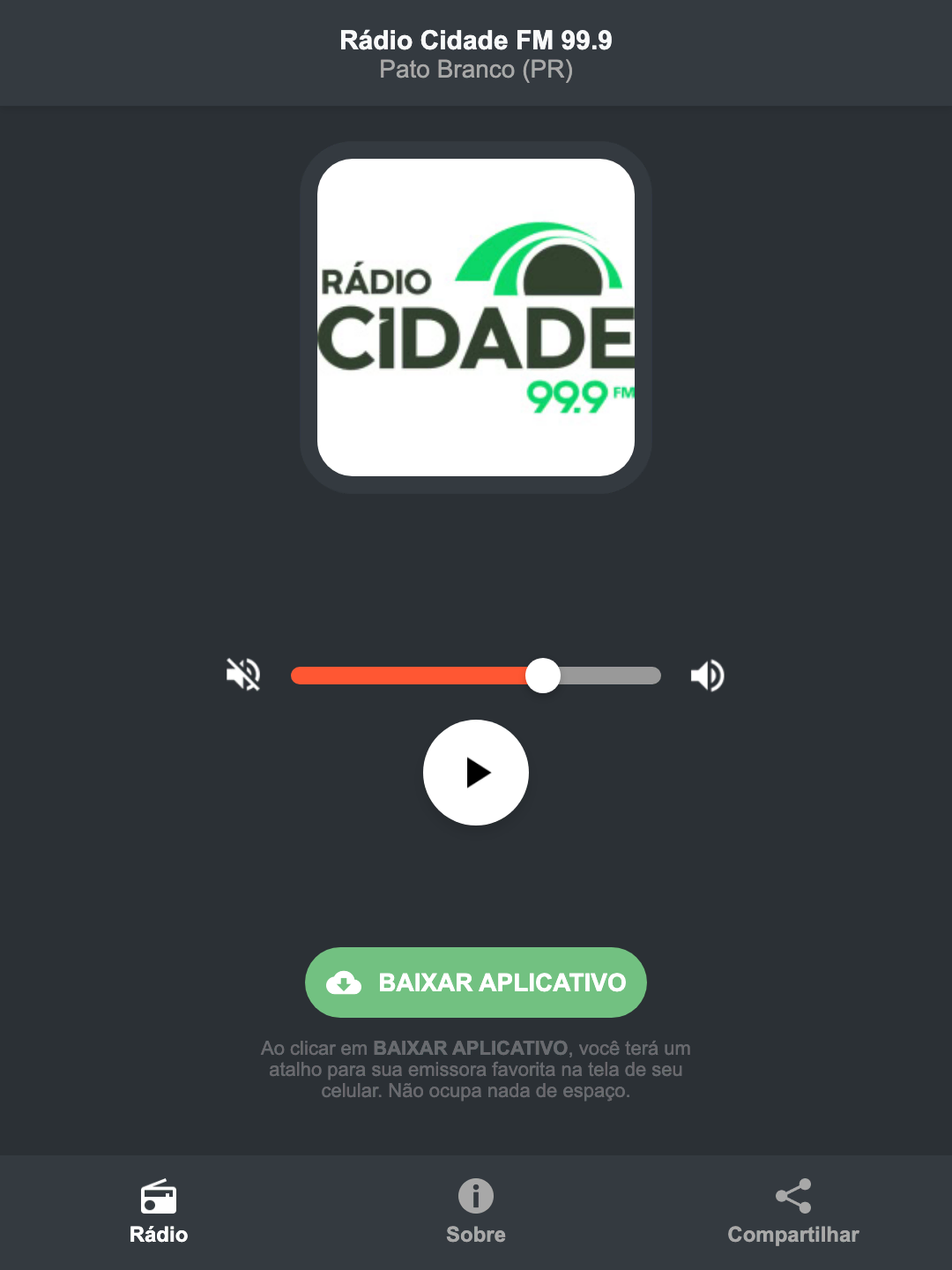 Screenshot do aplicativo da Rádio Cidade FM 99.9