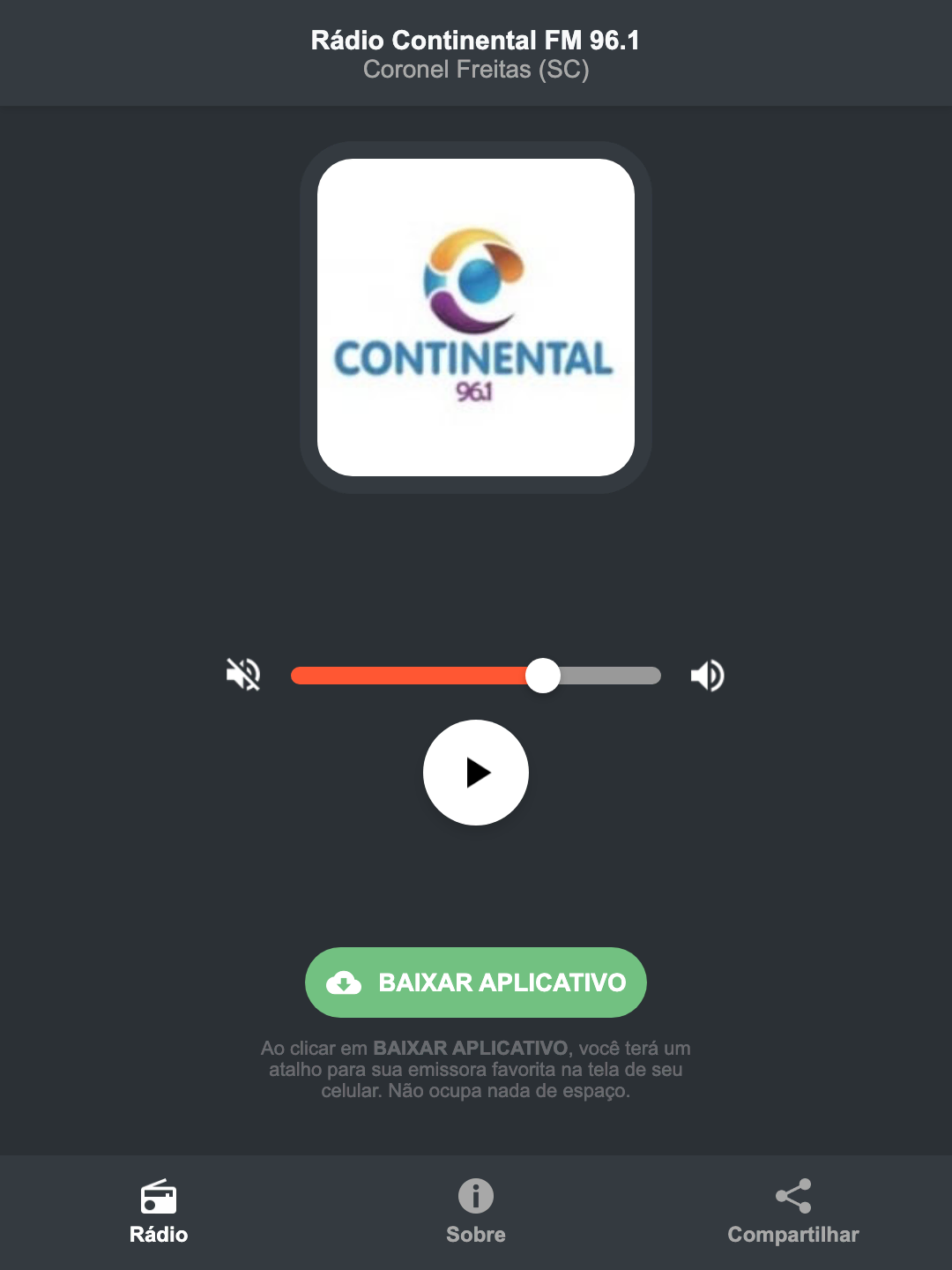 Screenshot do aplicativo da Rádio Continental FM 96.1