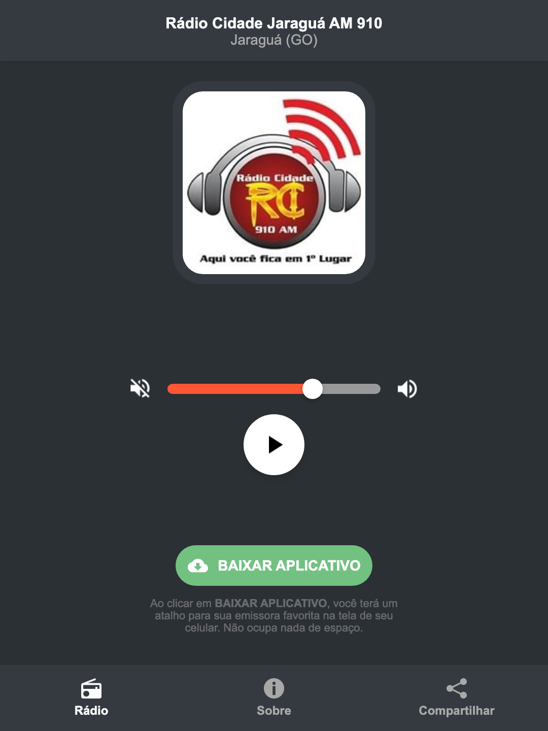 Screenshot do aplicativo da Rádio Cidade Jaraguá AM 910