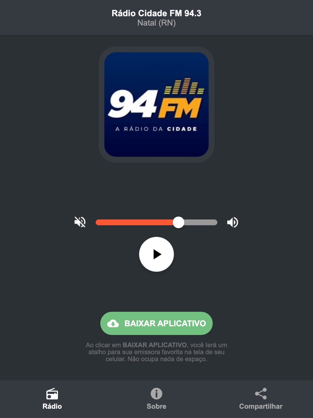 Screenshot do aplicativo da Rádio Cidade FM 94.3