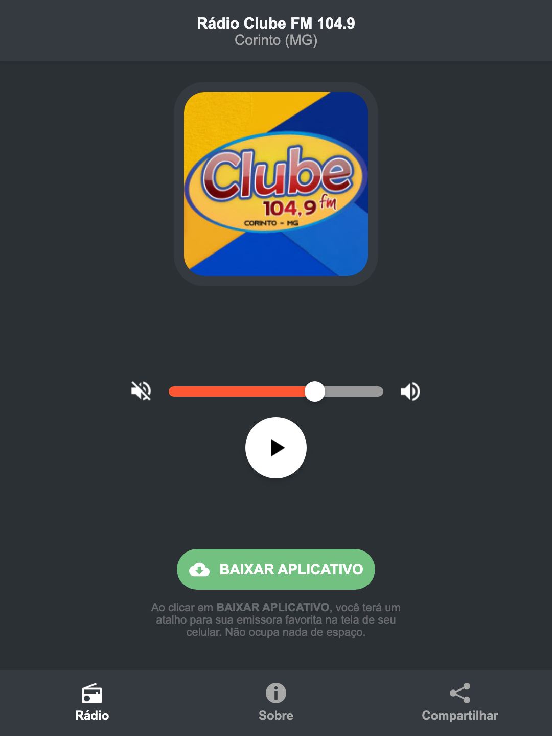 Screenshot do aplicativo da Rádio Clube FM 104.9