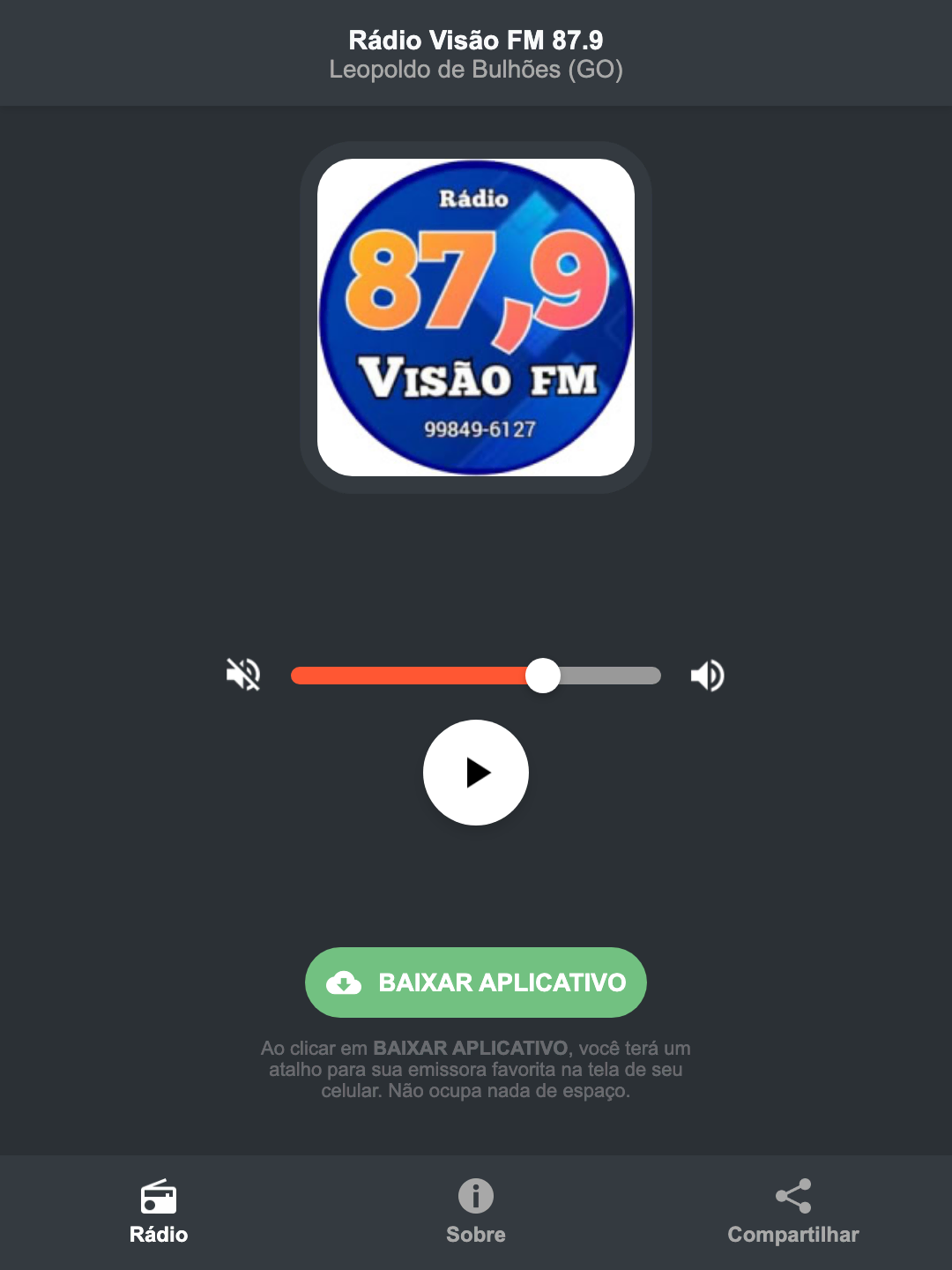 Screenshot do aplicativo da Rádio Visão FM 87.9