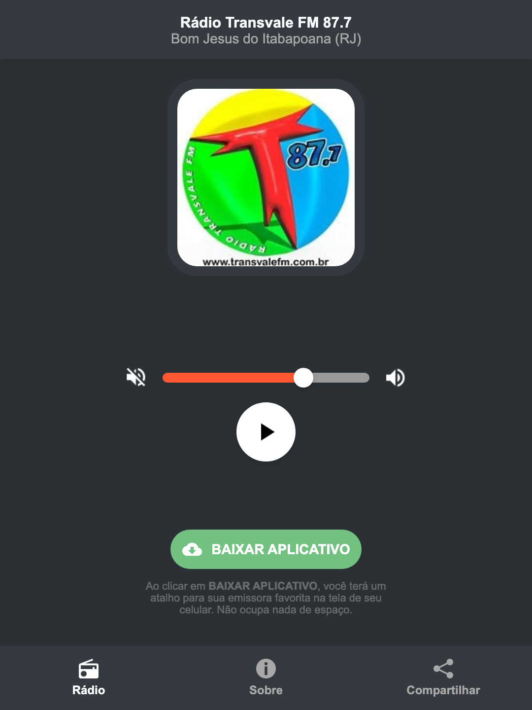 Screenshot do aplicativo da Rádio Transvale FM 87.7