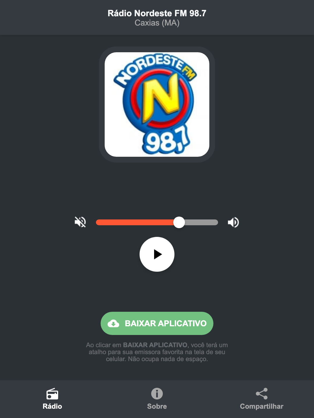 Screenshot do aplicativo da Rádio Nordeste FM 98.7