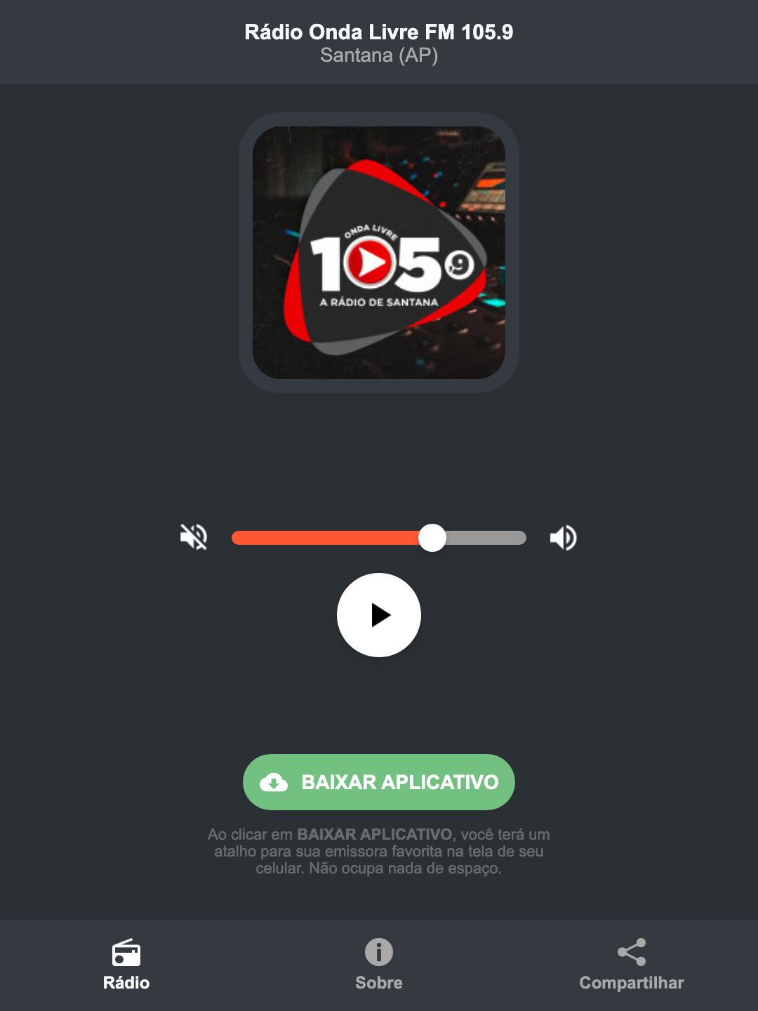 Screenshot do aplicativo da Rádio Onda Livre FM 105.9