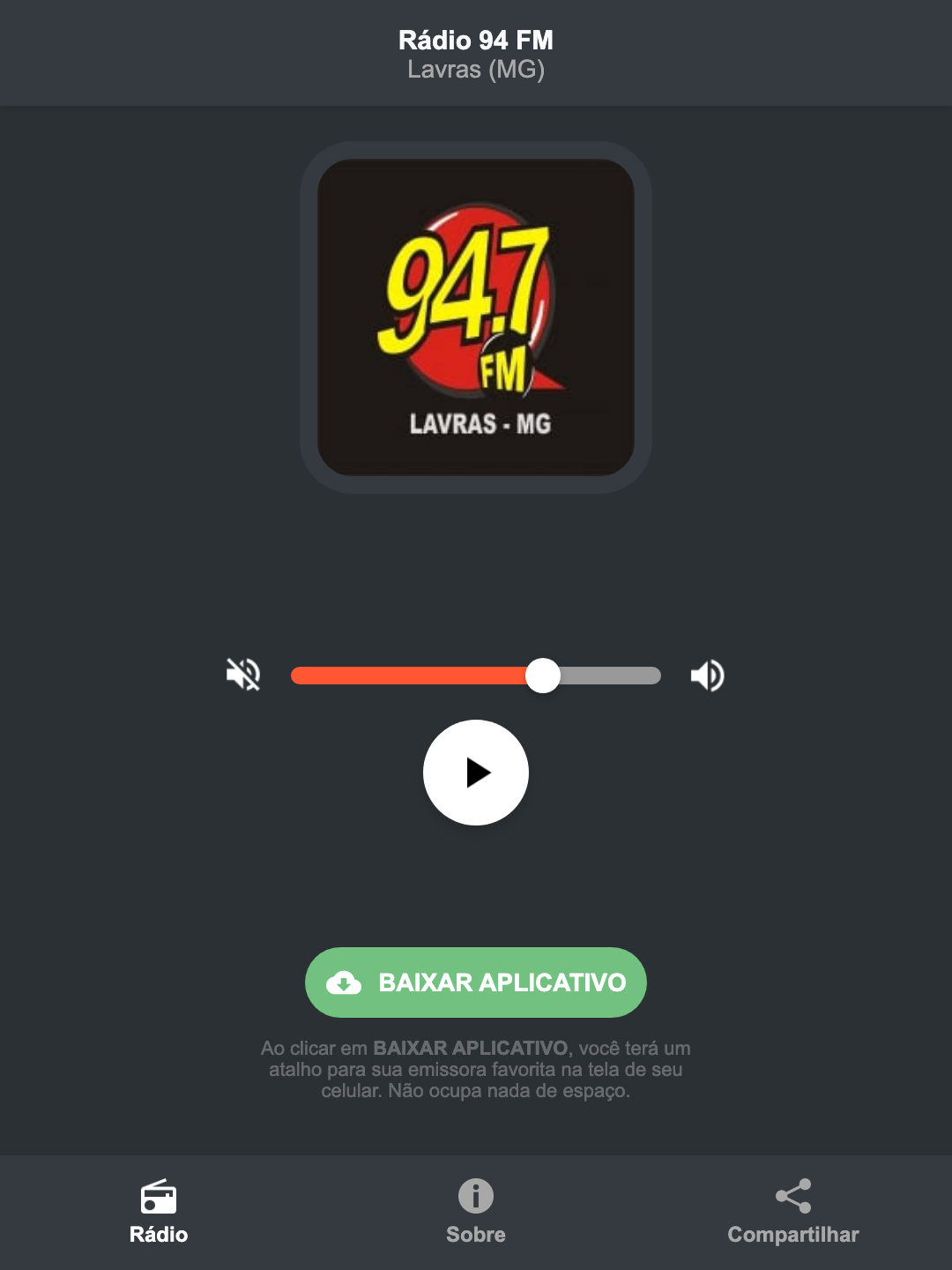 Screenshot do aplicativo da Rádio 94 FM