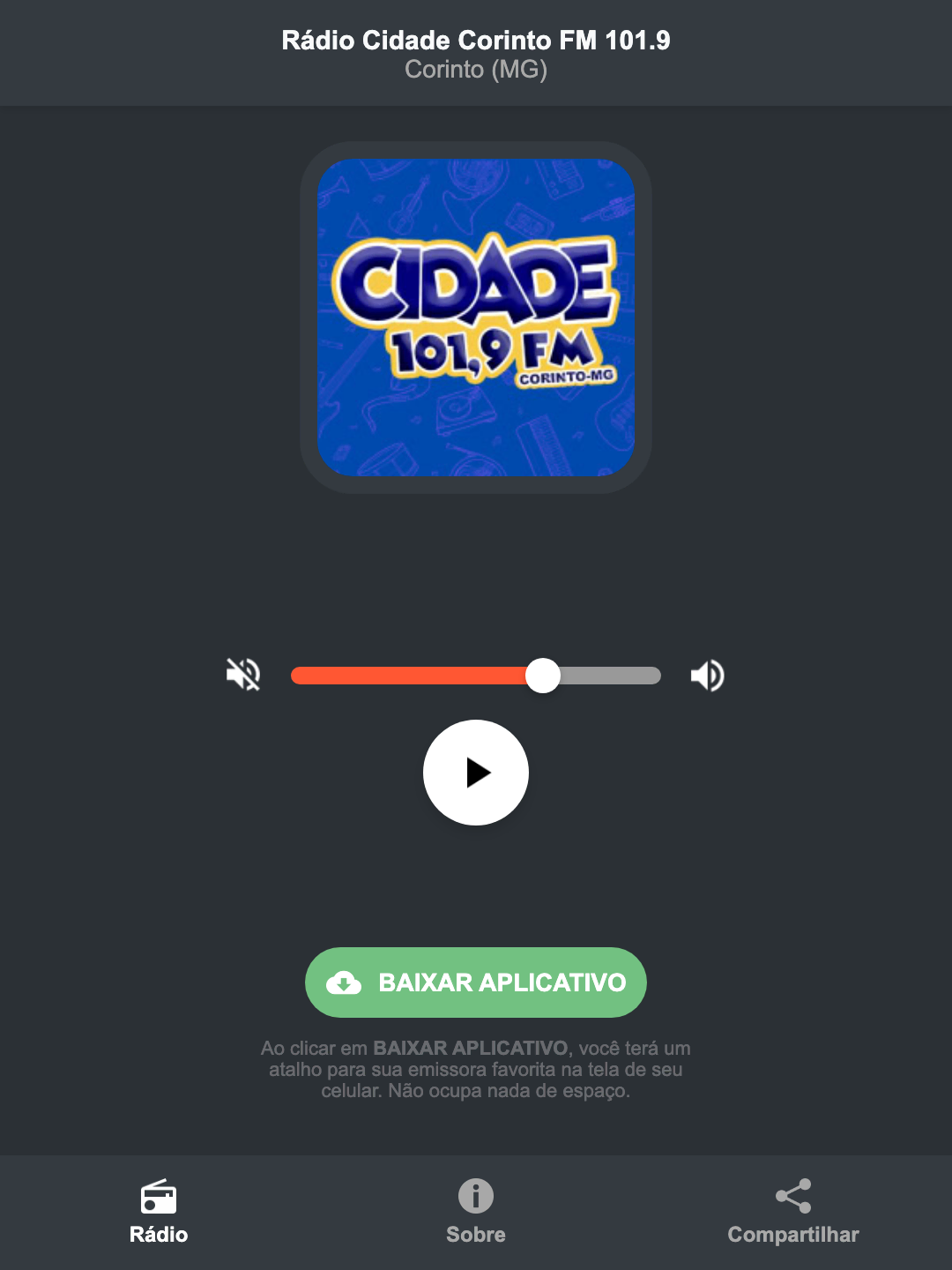 Screenshot do aplicativo da Rádio Cidade Corinto FM 101.9