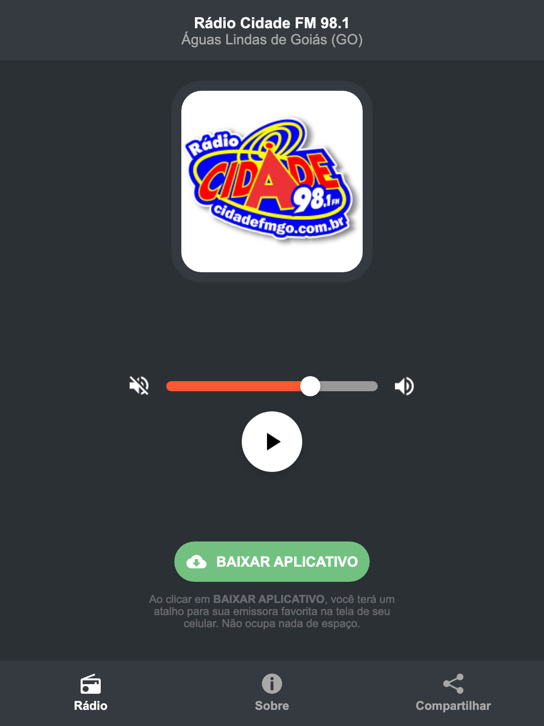 Screenshot do aplicativo da Rádio Cidade FM 98.1