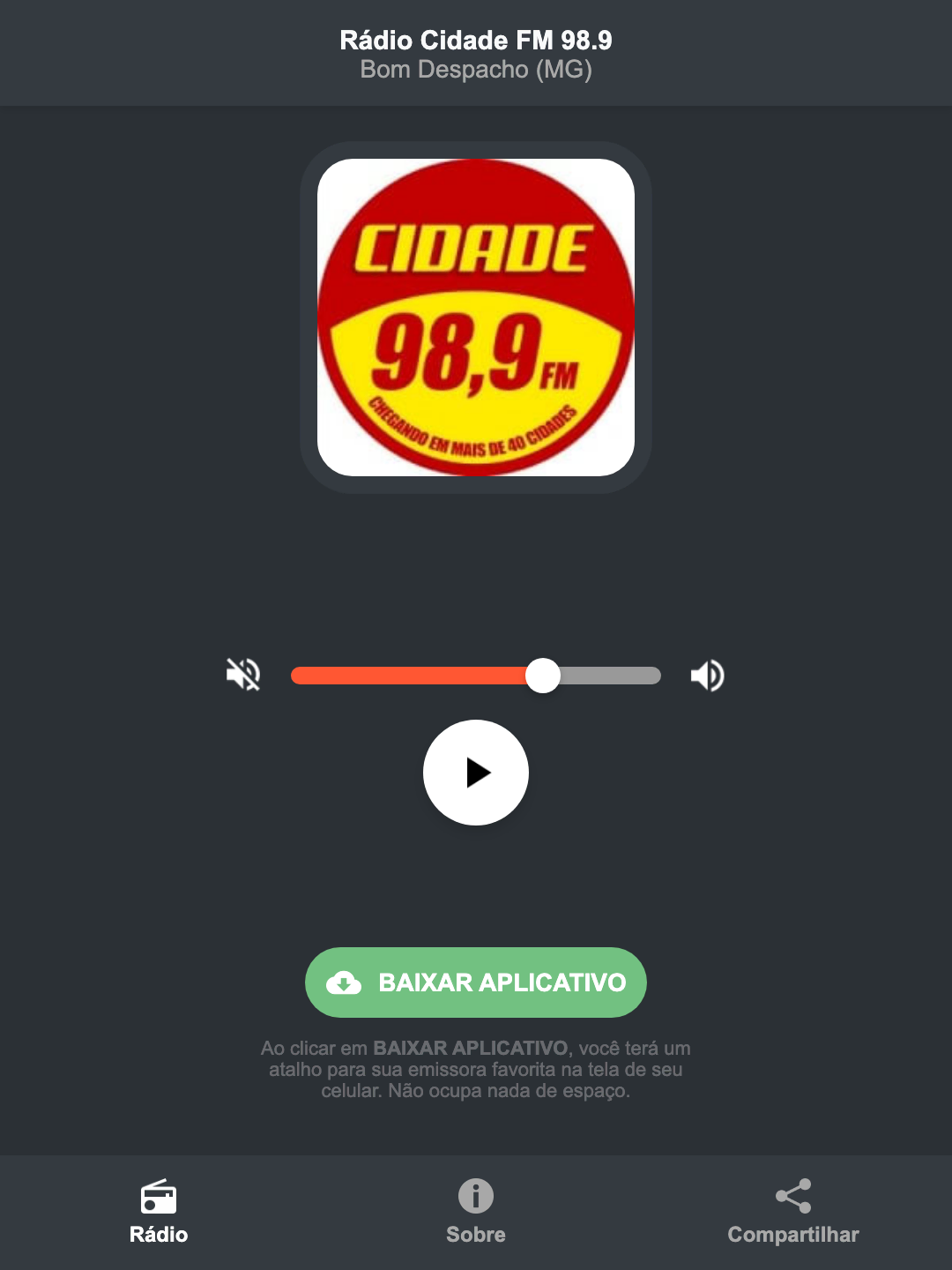 Screenshot do aplicativo da Rádio Cidade FM 98.9