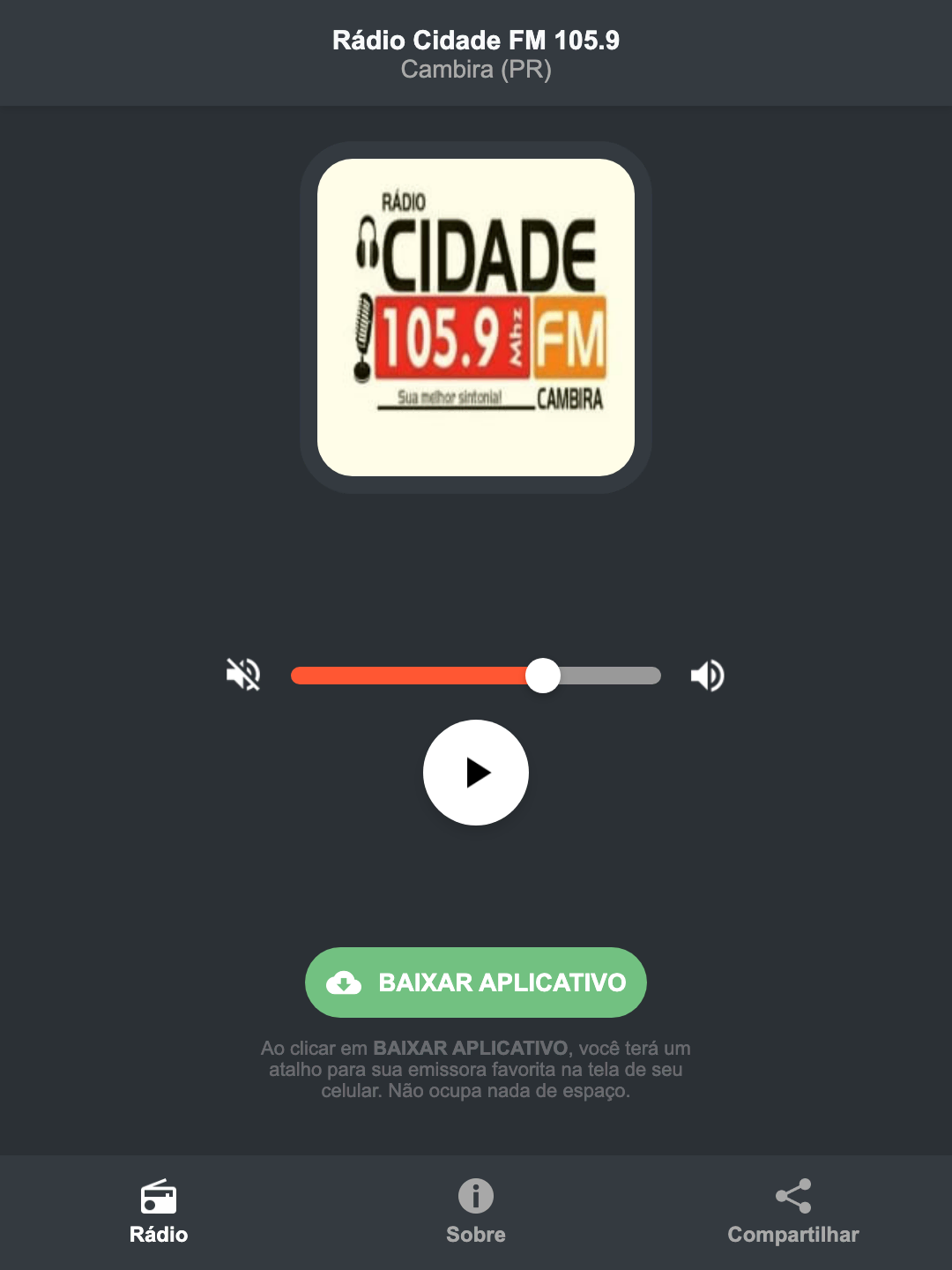 Screenshot do aplicativo da Rádio Cidade FM 105.9