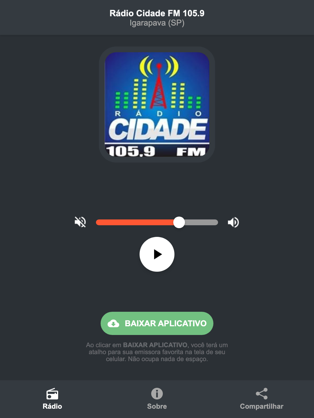 Screenshot do aplicativo da Rádio Cidade FM 105.9
