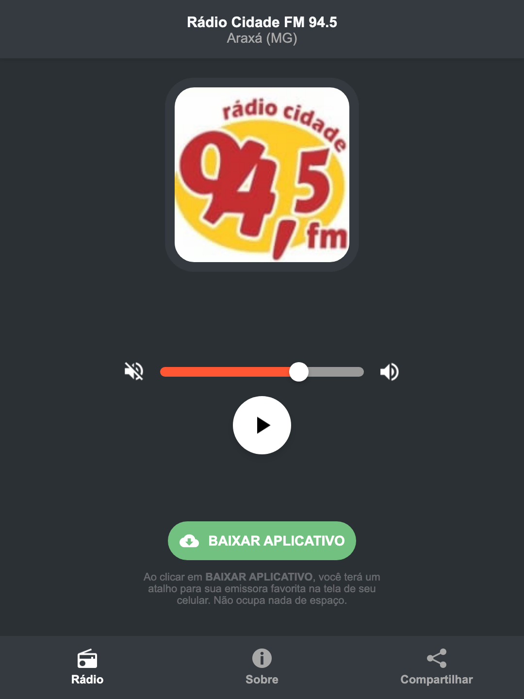 Screenshot do aplicativo da Rádio Cidade FM 94.5