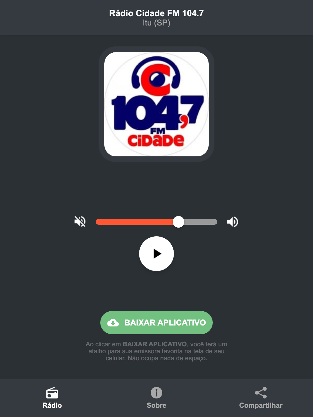 Screenshot do aplicativo da Rádio Cidade FM 104.7