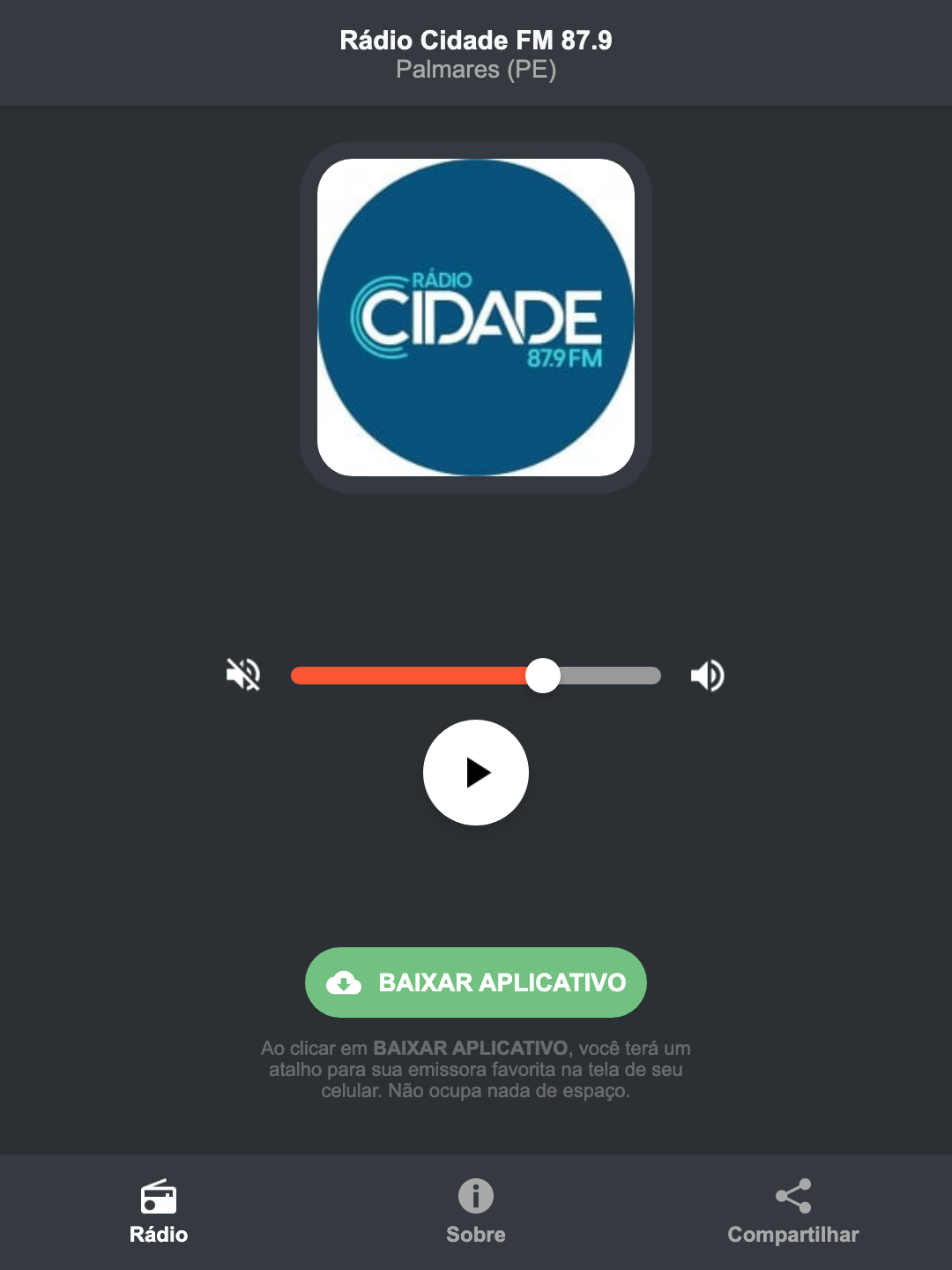 Screenshot do aplicativo da Rádio Cidade FM 87.9