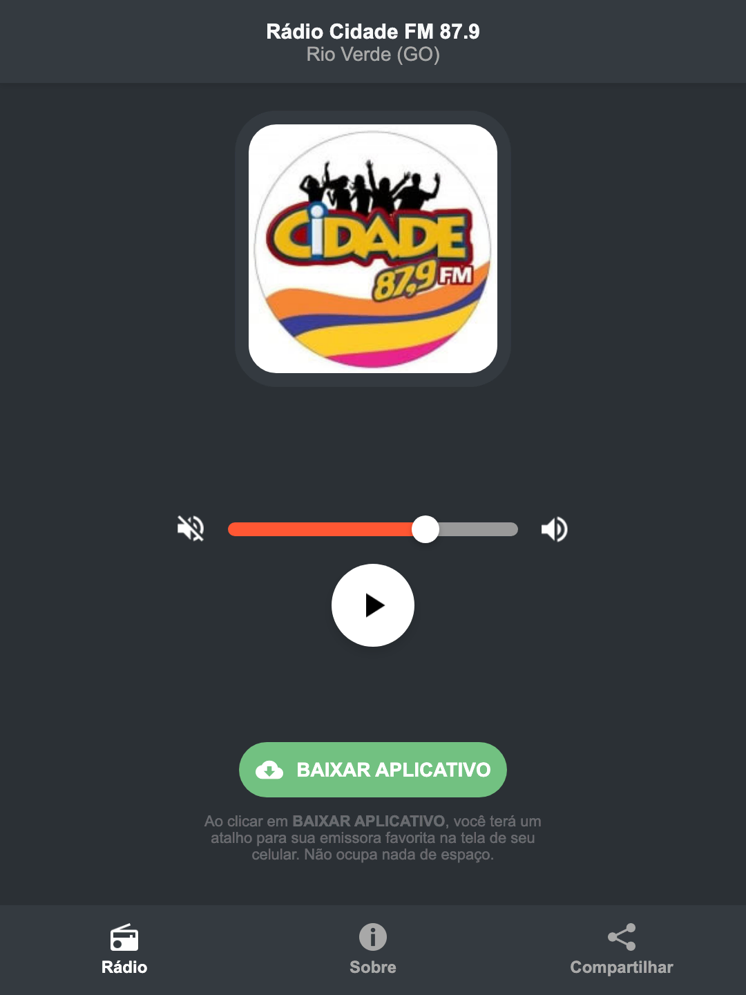 Screenshot do aplicativo da Rádio Cidade FM 87.9