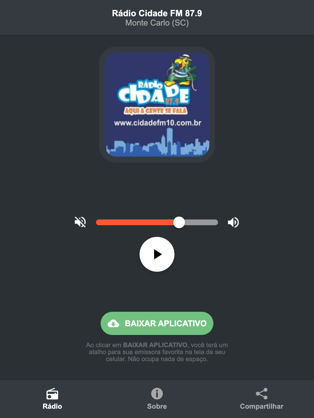 Screenshot do aplicativo da Rádio Cidade FM 87.9